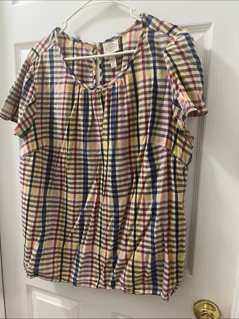 St. John's Bay Yellow Navy Cream Plaid Short-Sleeve Blouse